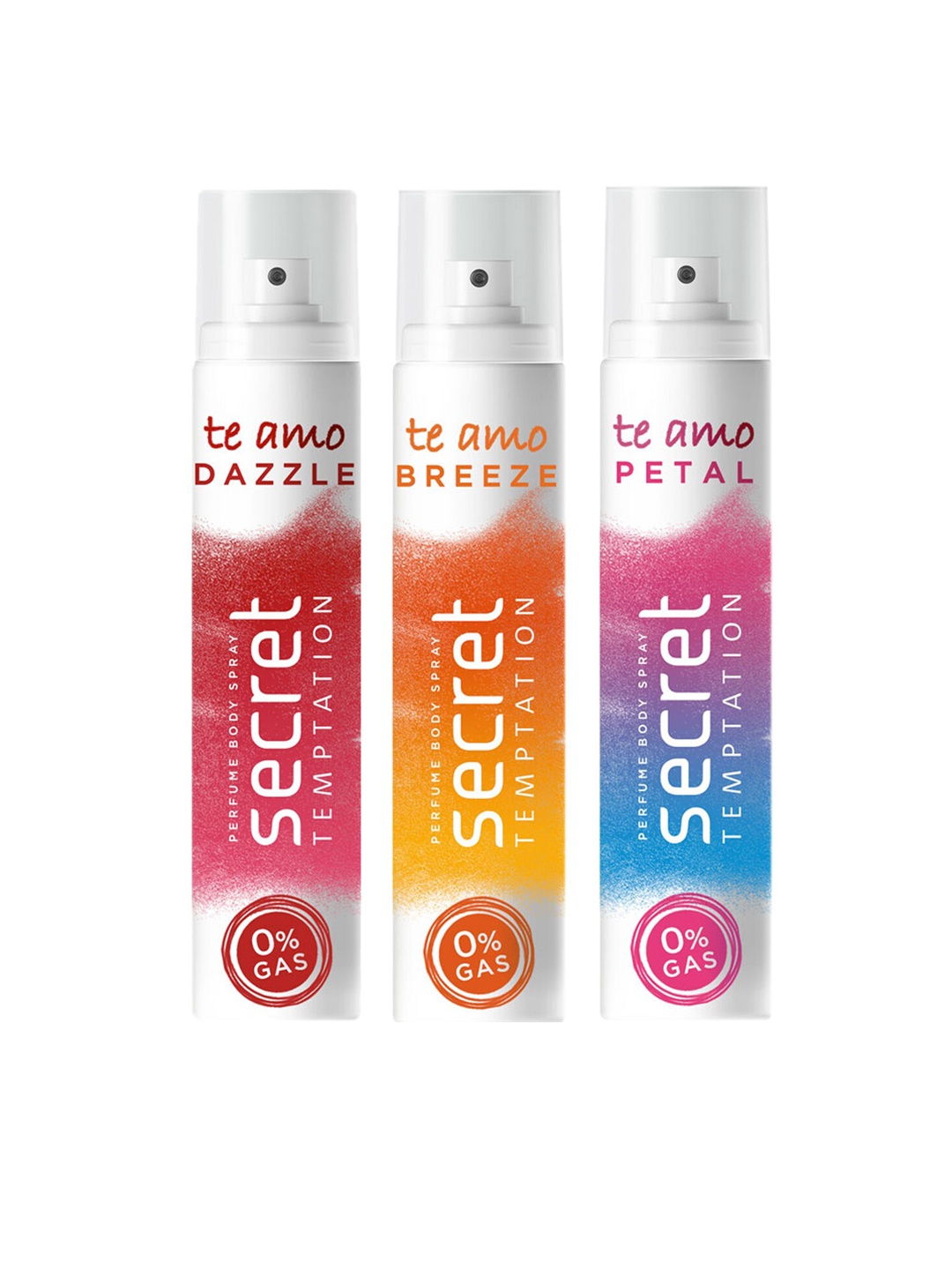 

Secret Temptation Set of 3 Te Amo Dazzle Breeze & Petal No Gas Perfumes 120ml each, White