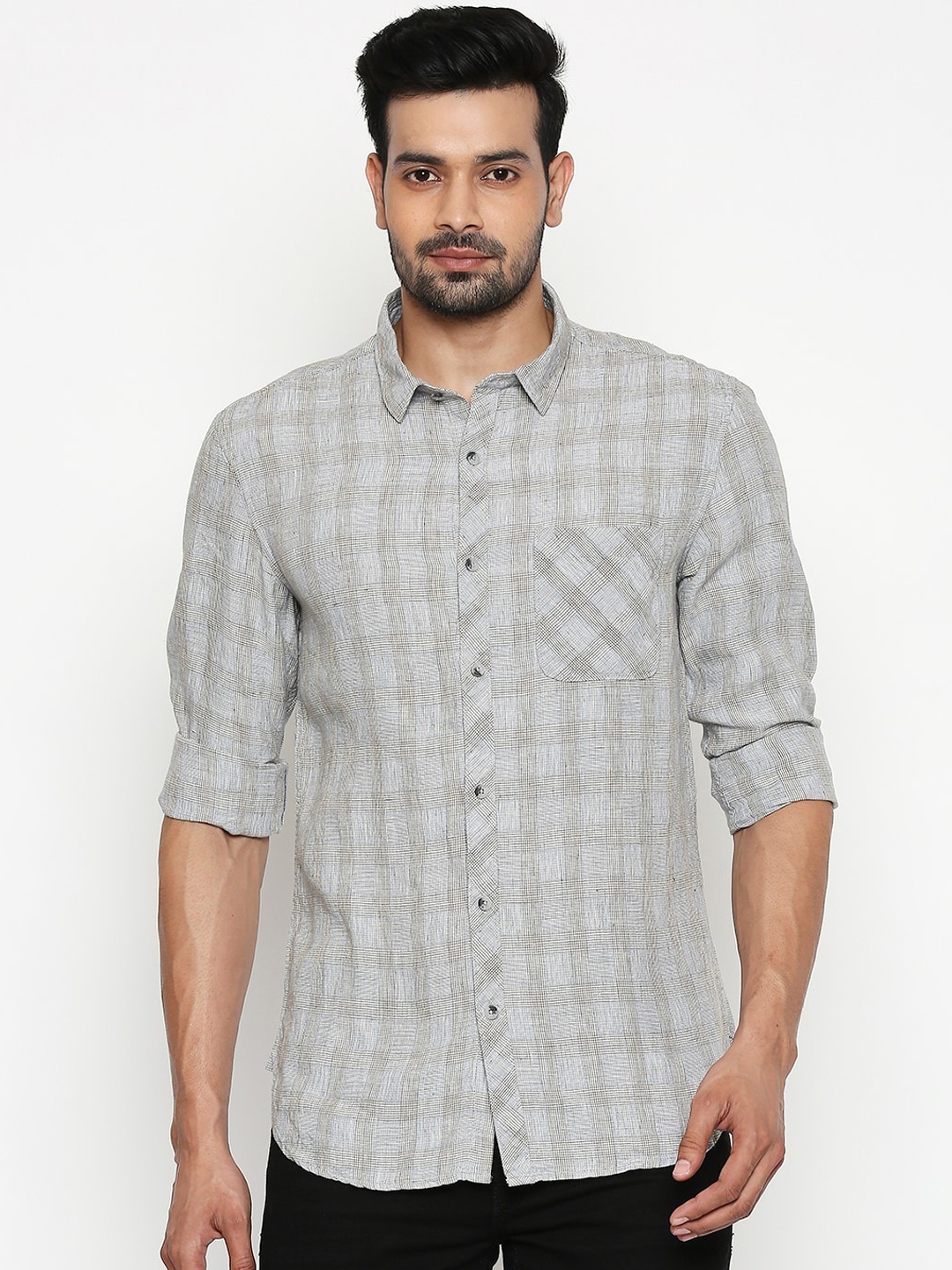 

People Men Blue Slim Fit Opaque Checked Casual Shirt