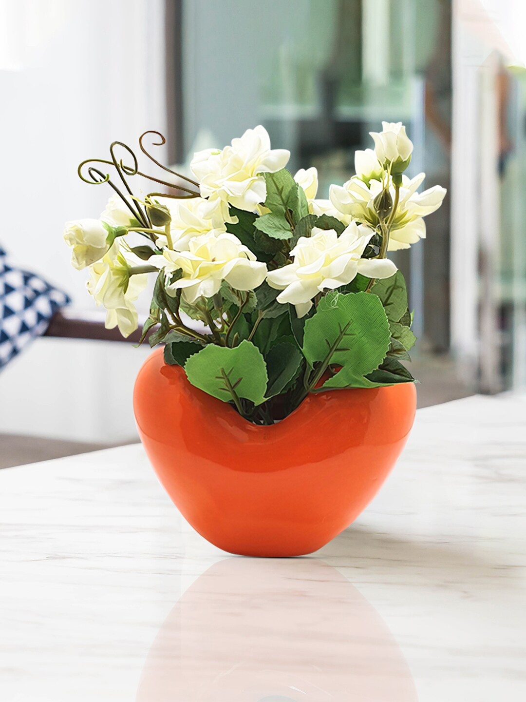 Art Street Green And White Artificial Rose Flowers with pot