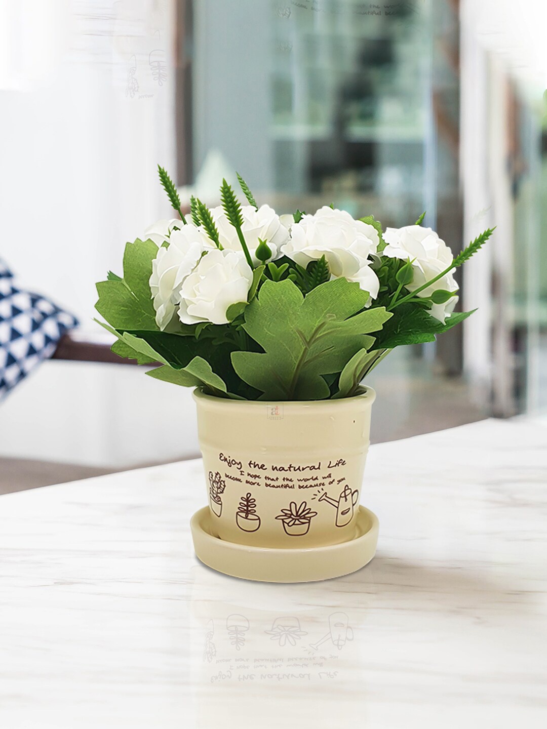 

Art Street Green & White Artificial Rose Flowers With Pot