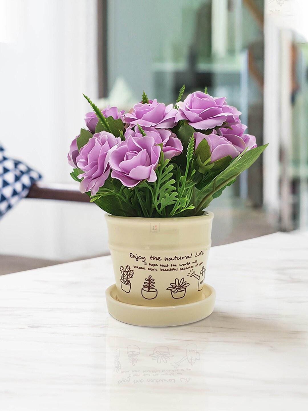 

Art Street Green & Lavender UV Resistant Artificial Flowers With Pot