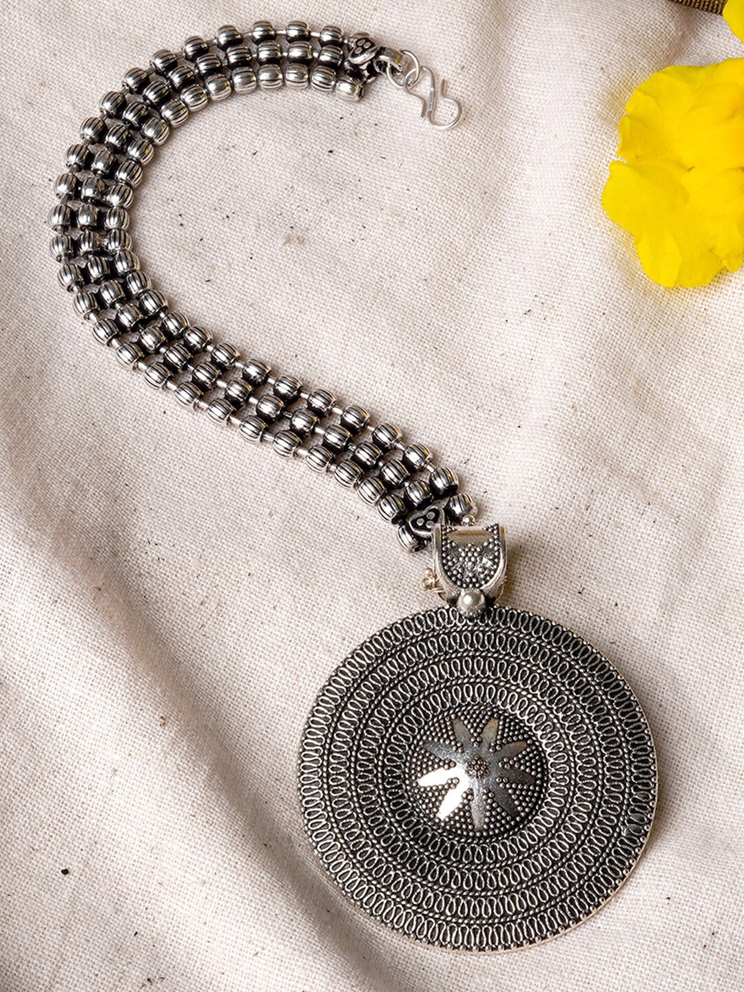 

TEEJH Silver-Plated Oxidised Circular Maang Tikka