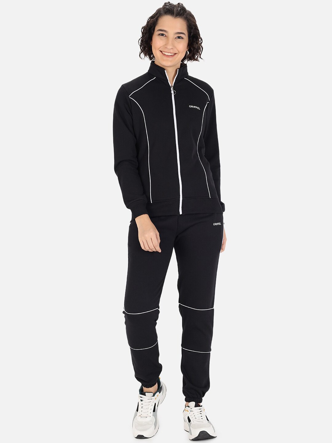 

GRIFFEL Women Black & White Solid Cotton Tracksuit