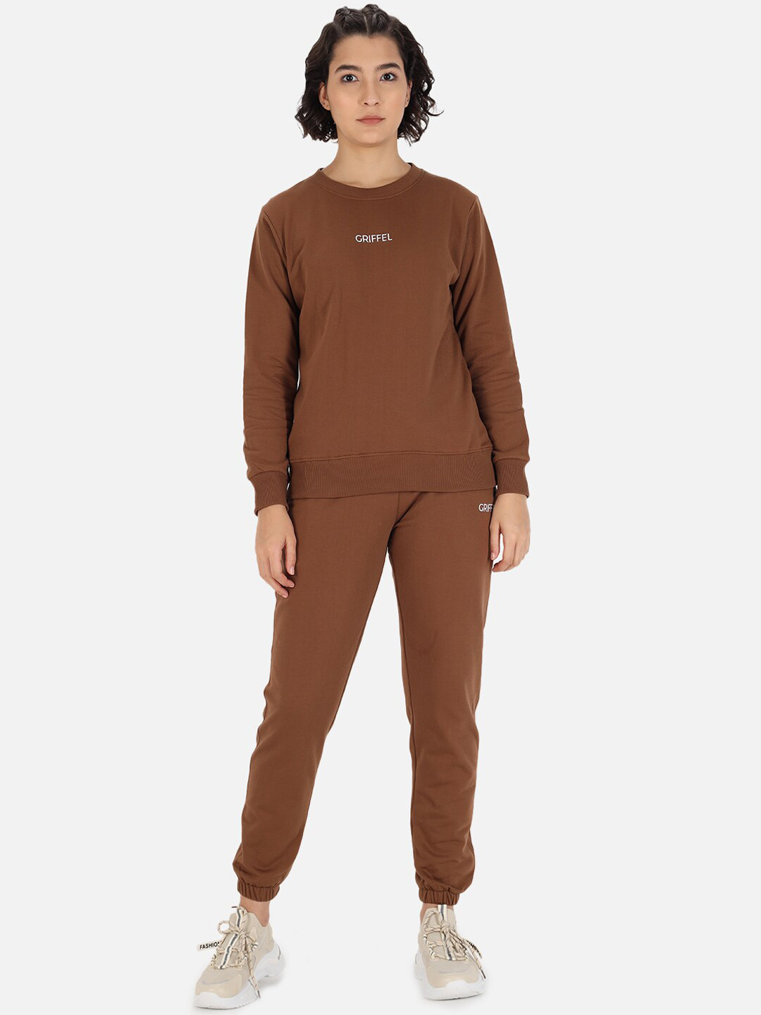 

GRIFFEL Women Coffee Brown Solid Cotton Tracksuit