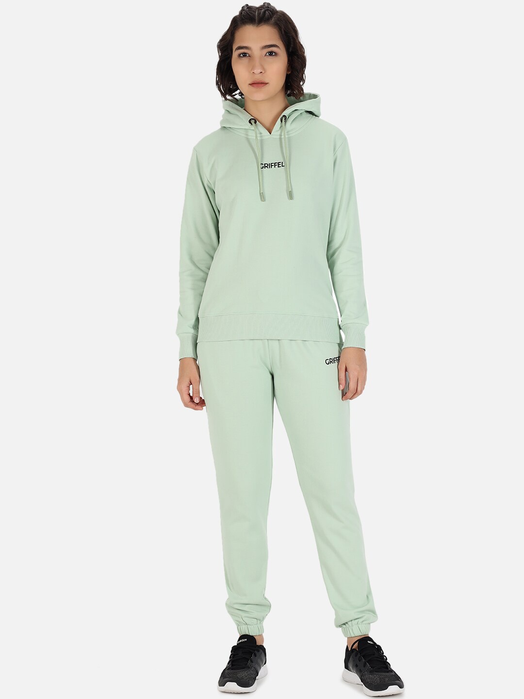 

GRIFFEL Women Cotton Sea Green Solid Hooded Tracksuit