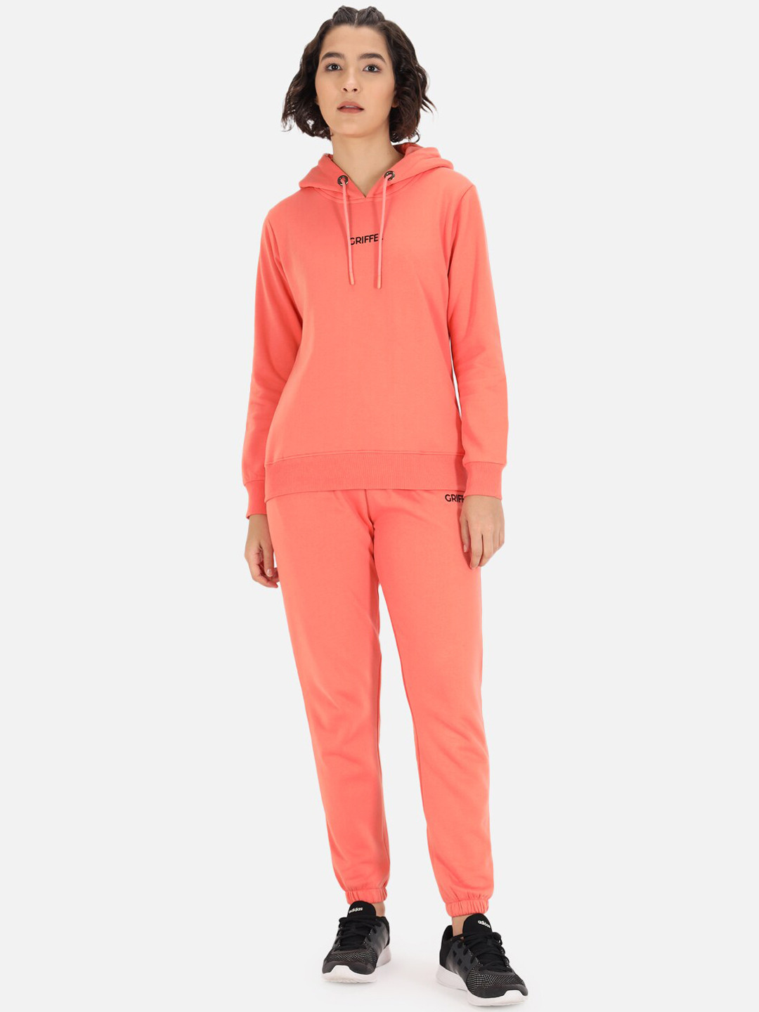 

GRIFFEL Women Cotton Peach Solid Hooded Tracksuit