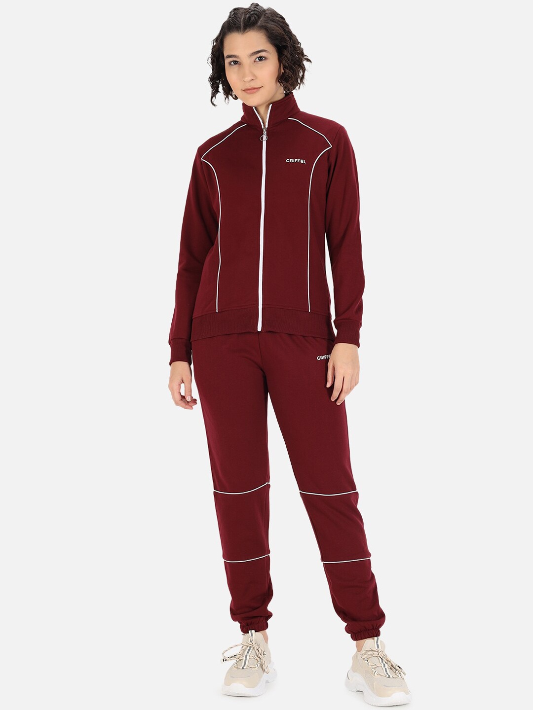 

GRIFFEL Women Maroon Solid Cotton Tracksuit