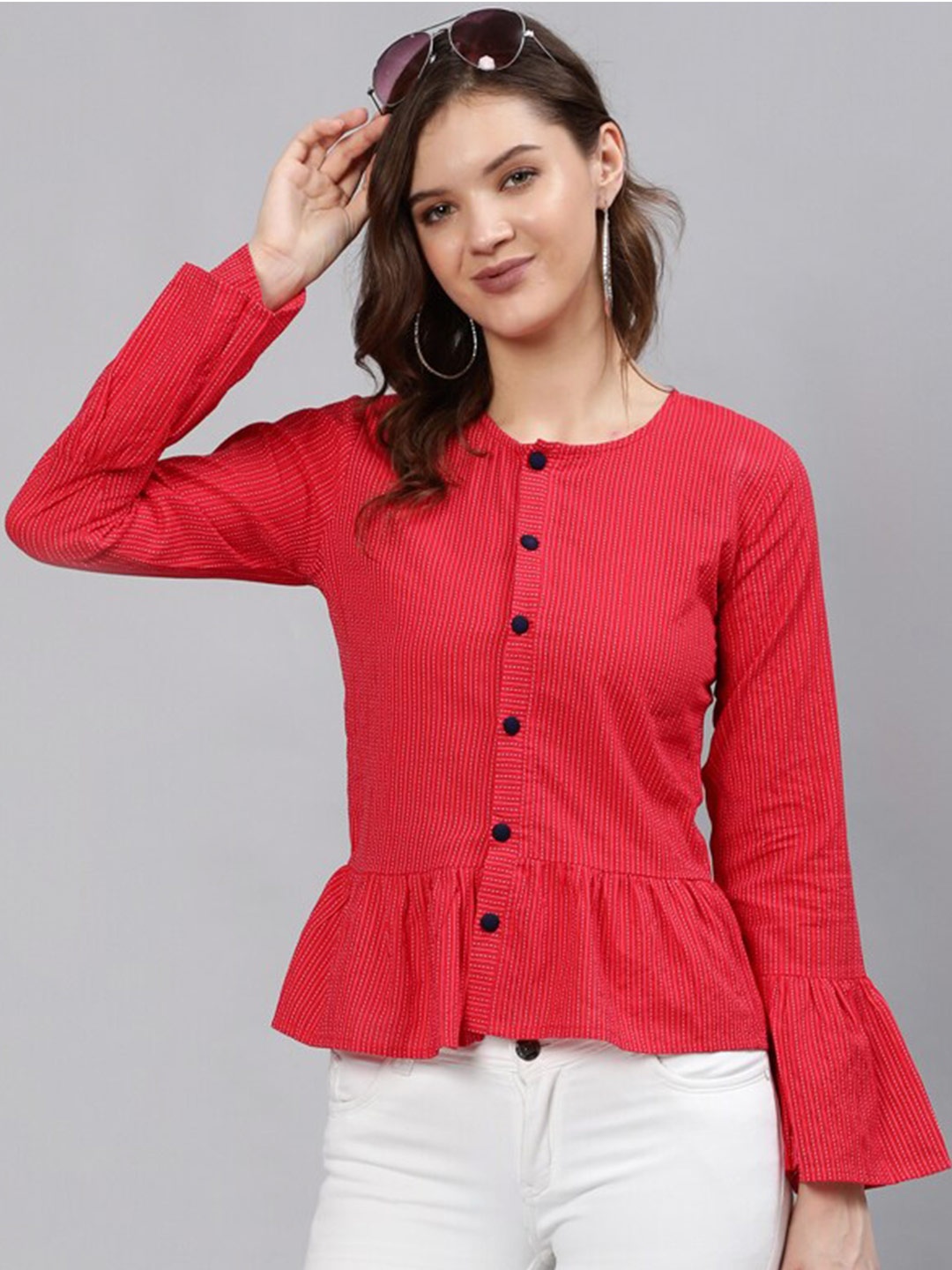 

AASI - HOUSE OF NAYO Red Printed Cotton Peplum Top