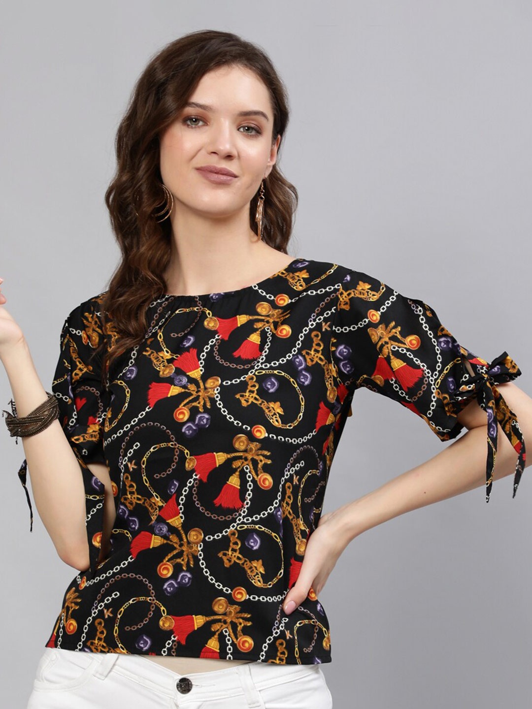 

AASI - HOUSE OF NAYO Black & Yellow Floral Printed Regular Top
