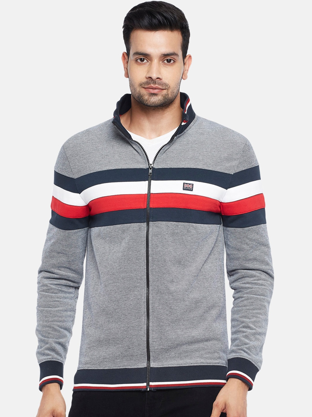 

BYFORD by Pantaloons Men Grey & Navy Blue Striped Sweatshirt