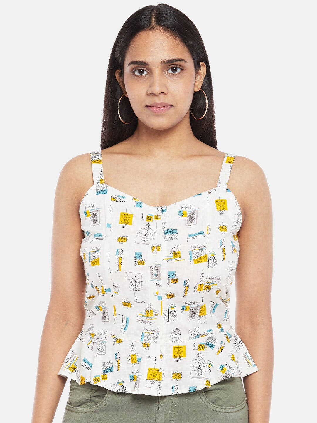 

People Woman White Conversational Print Peplum Top