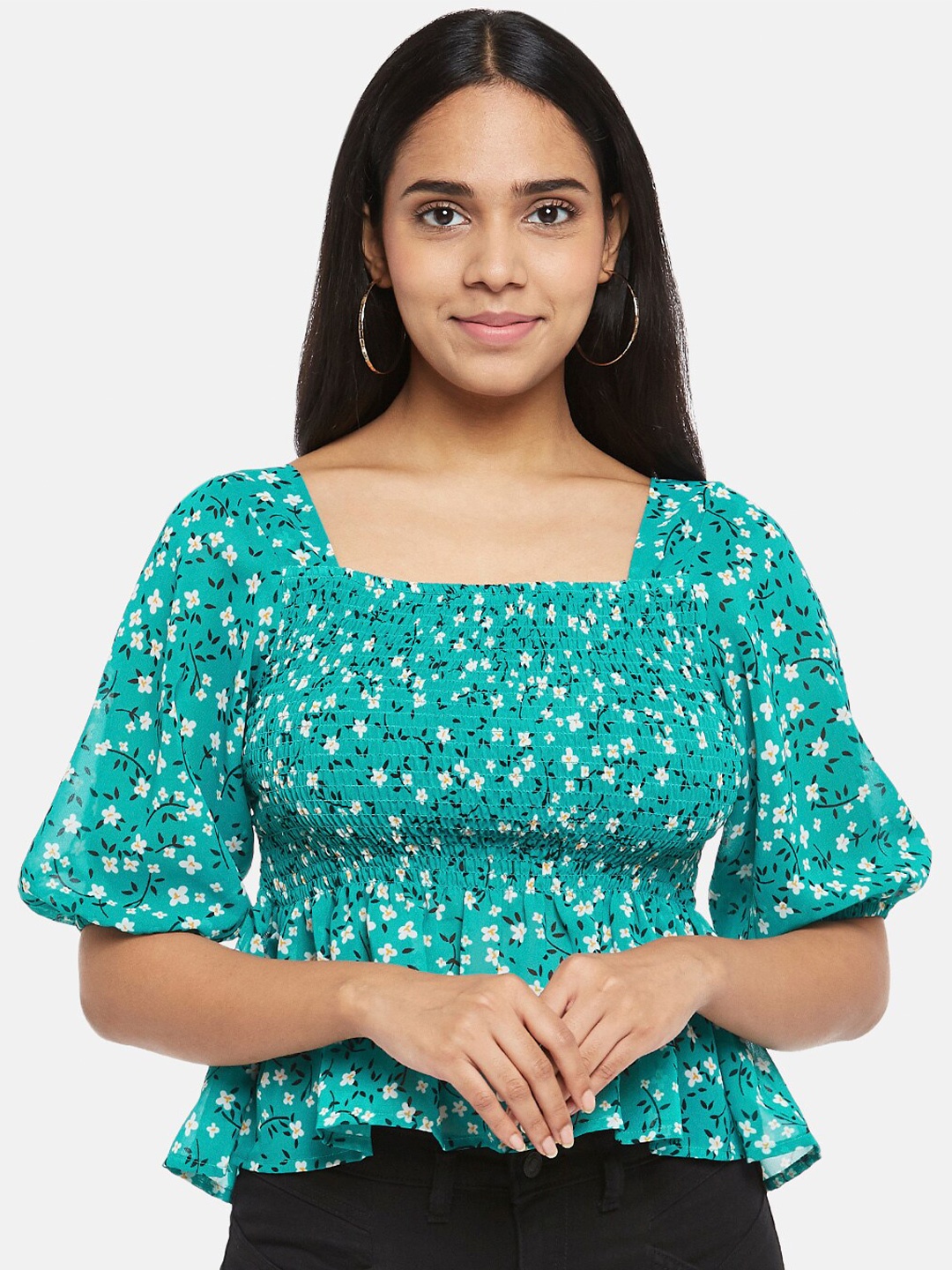 

People Woman Blue Floral Peplum Crop Top