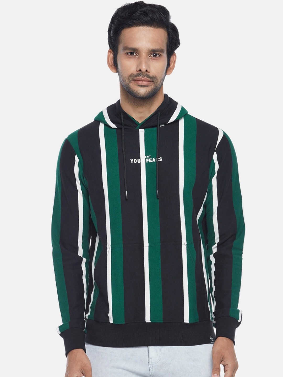 

People Men Black & Green Striped Sweatshirt