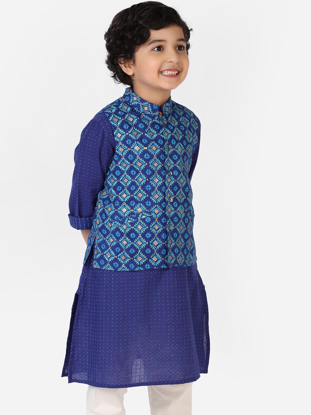 

Fabindia Boys Blue & Gold-Coloured Woven design Pure Silk Nehru Jacket