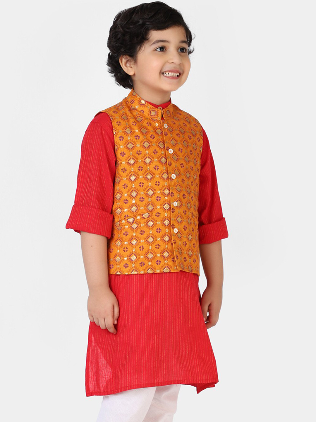 

Fabindia Boys Yellow Printed Nehru Jacket