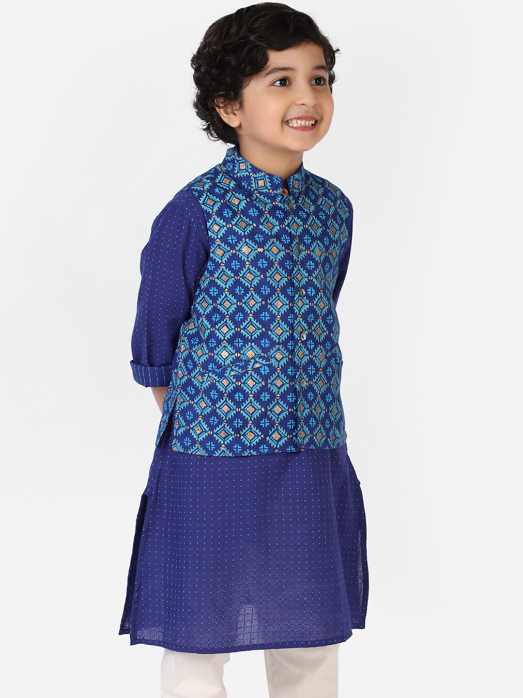 

Fabindia Boys Blue & Gold-Coloured Printed Silk Woven Nehru Jacket