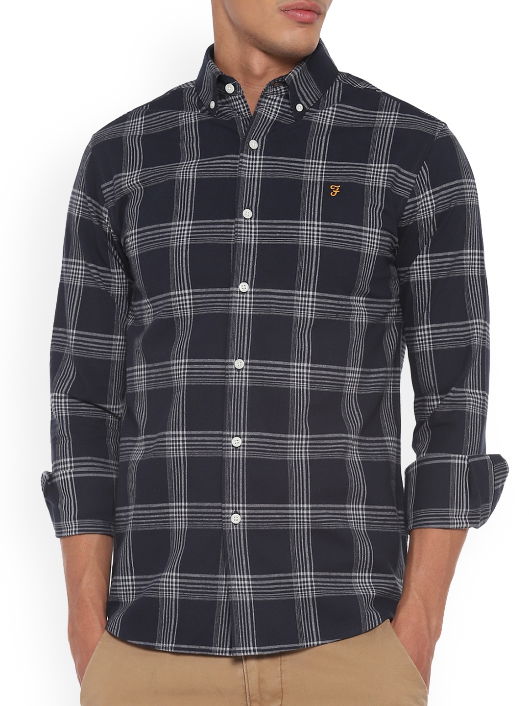 

Farah Men Navy Blue & White Opaque Checked Cotton Casual Shirt