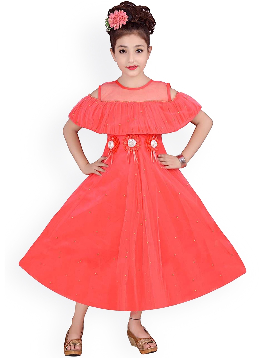 

SKY HEIGHTS Girls Orange Embellished Net Midi Fit & Flare Dress