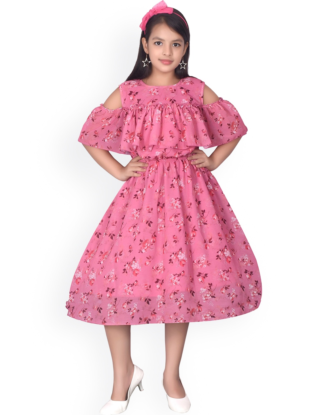 

SKY HEIGHTS Girls Pink Floral Georgette Midi Dress