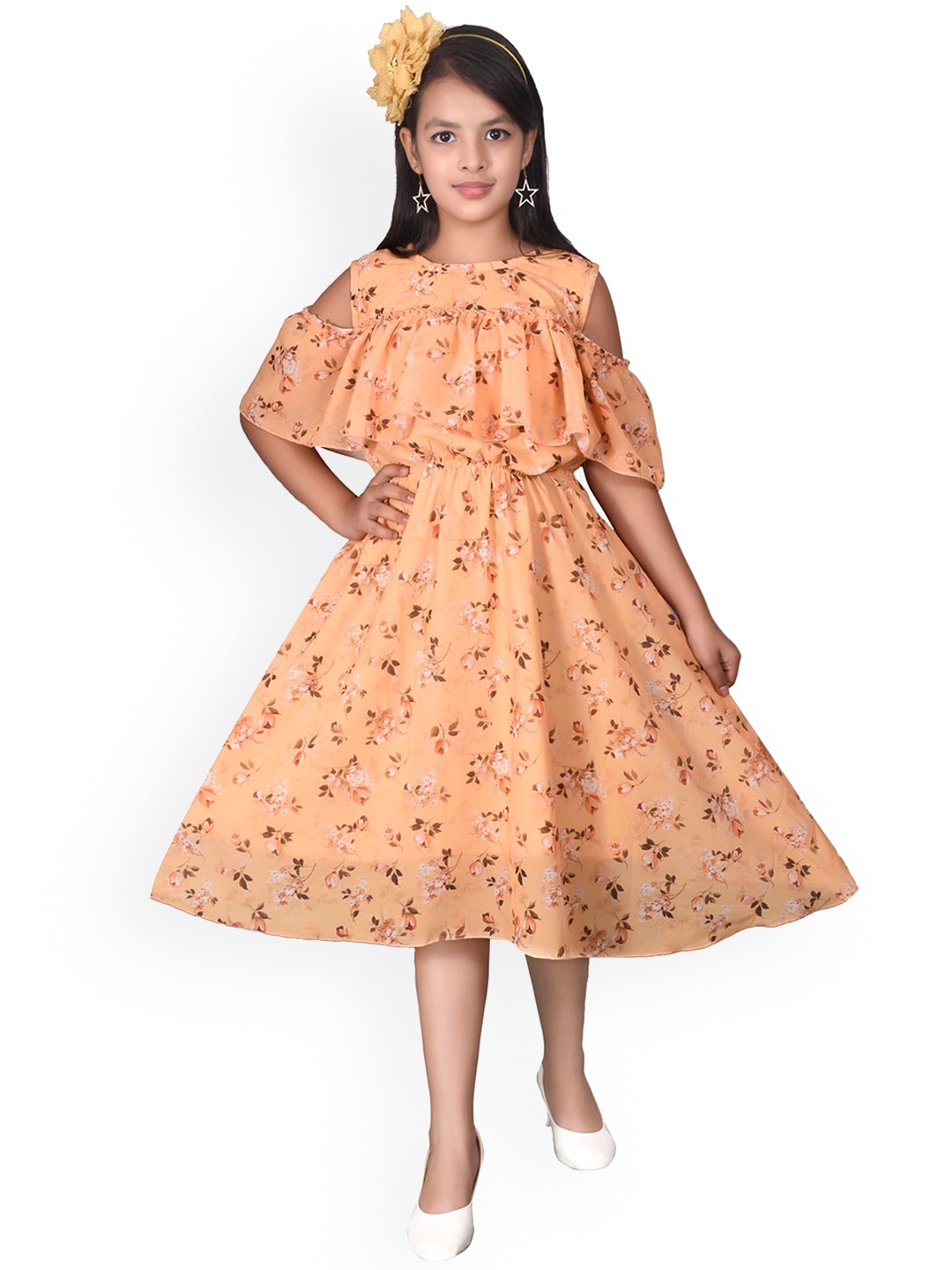 

SKY HEIGHTS Yellow Floral Georgette A-Line Midi Dress