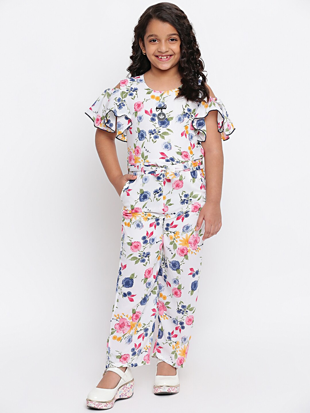 

SKY HEIGHTS Girls White & Pink Floral Printed Basic Jumpsuit