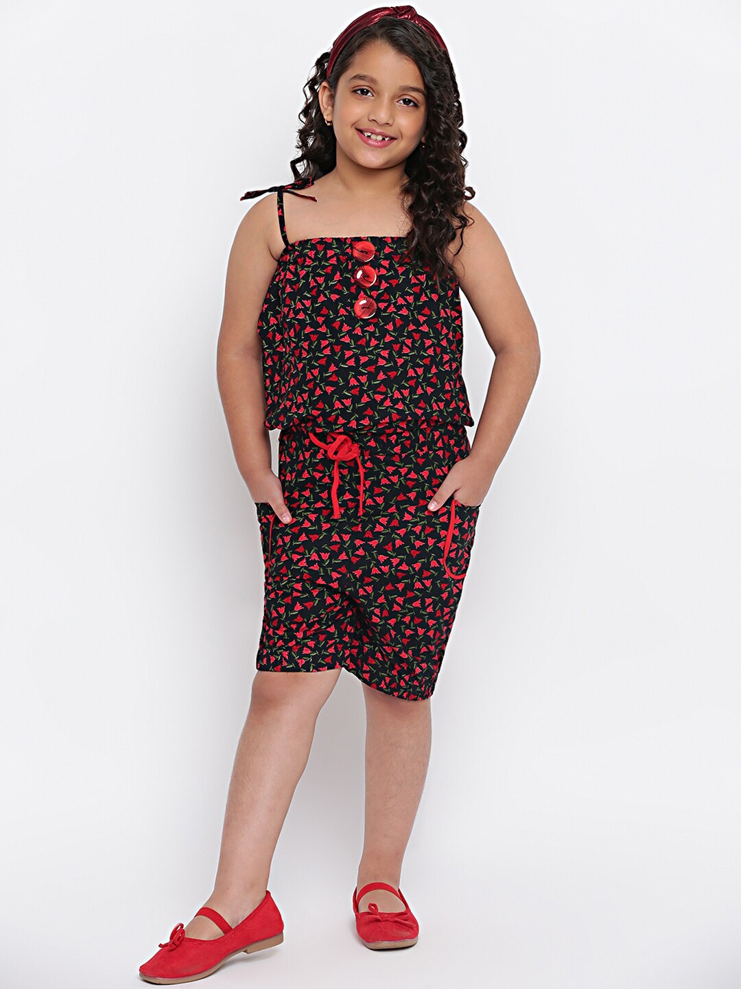

SKY HEIGHTS Girls Red & Black Printed Playsuit