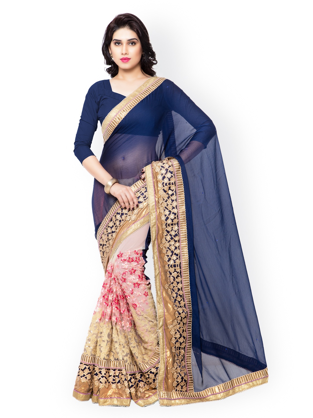 

Kalista Navy & Beige Embroidered Georgette & Net Embellished Saree, Navy blue