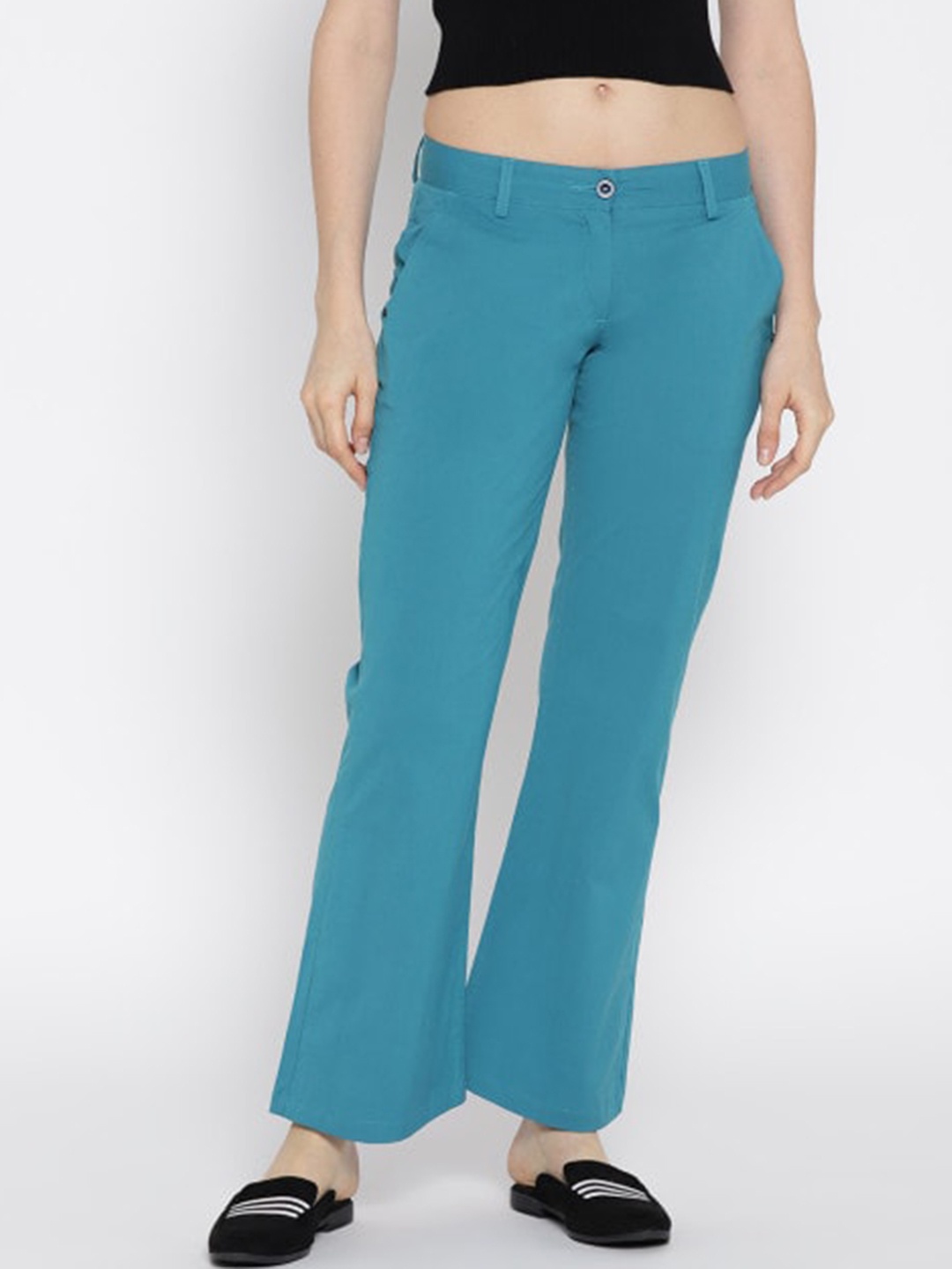 

JUMP USA Women Teal Green Flared Pure Cotton Bootcut Trousers