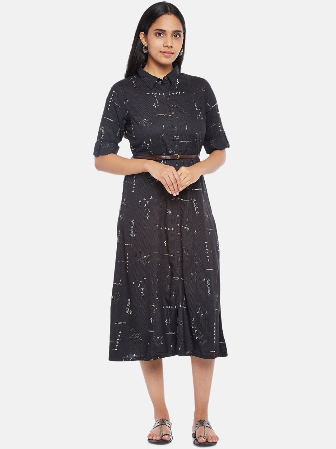 

AKKRITI BY PANTALOONS Charcoal Printed Shirt Midi Dress