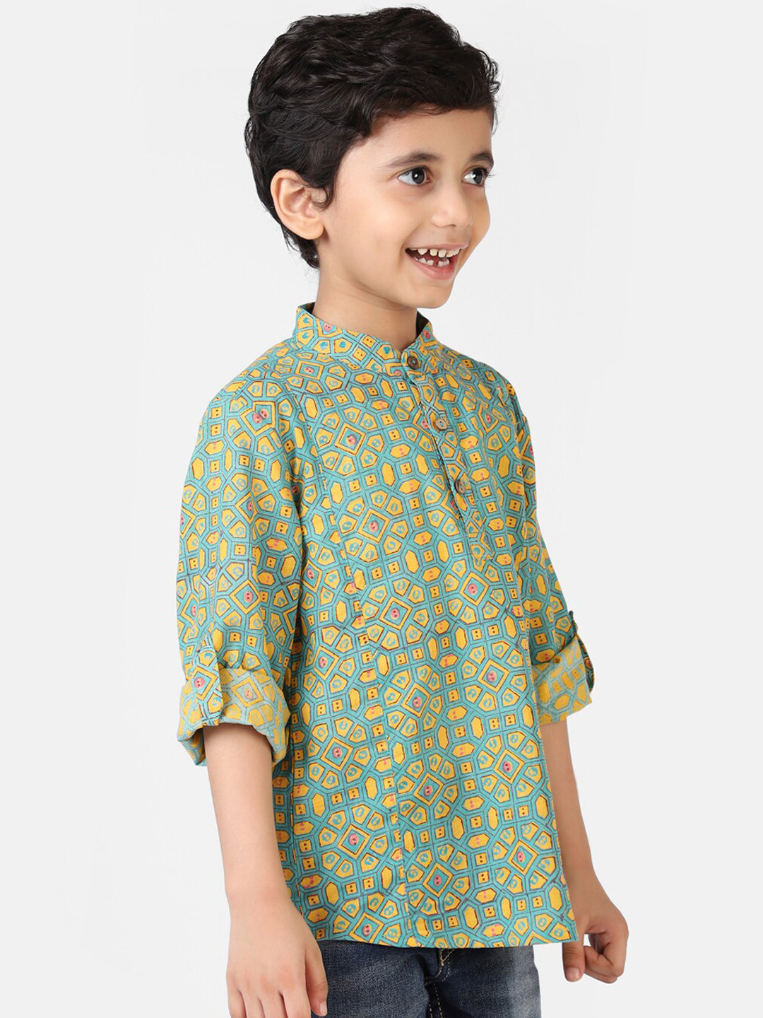 

Fabindia Boys Green & Yellow Printed Kurta