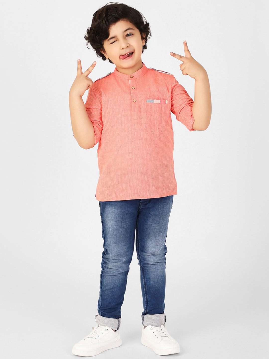 

Fabindia Boys Pink Striped Pathani Kurta