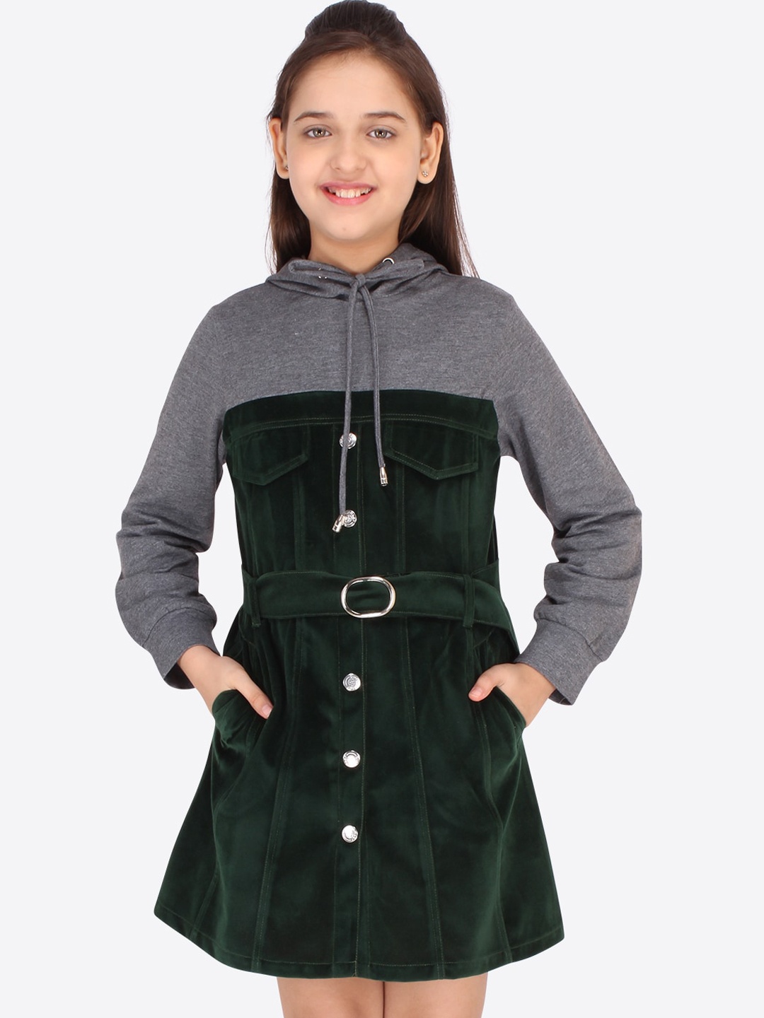 

CUTECUMBER Green & Grey Colourblocked Velvet Shirt Dress