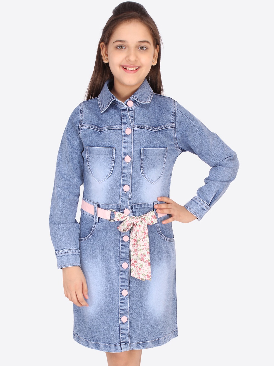 

CUTECUMBER Navy Blue Denim Shirt Dress with Belt