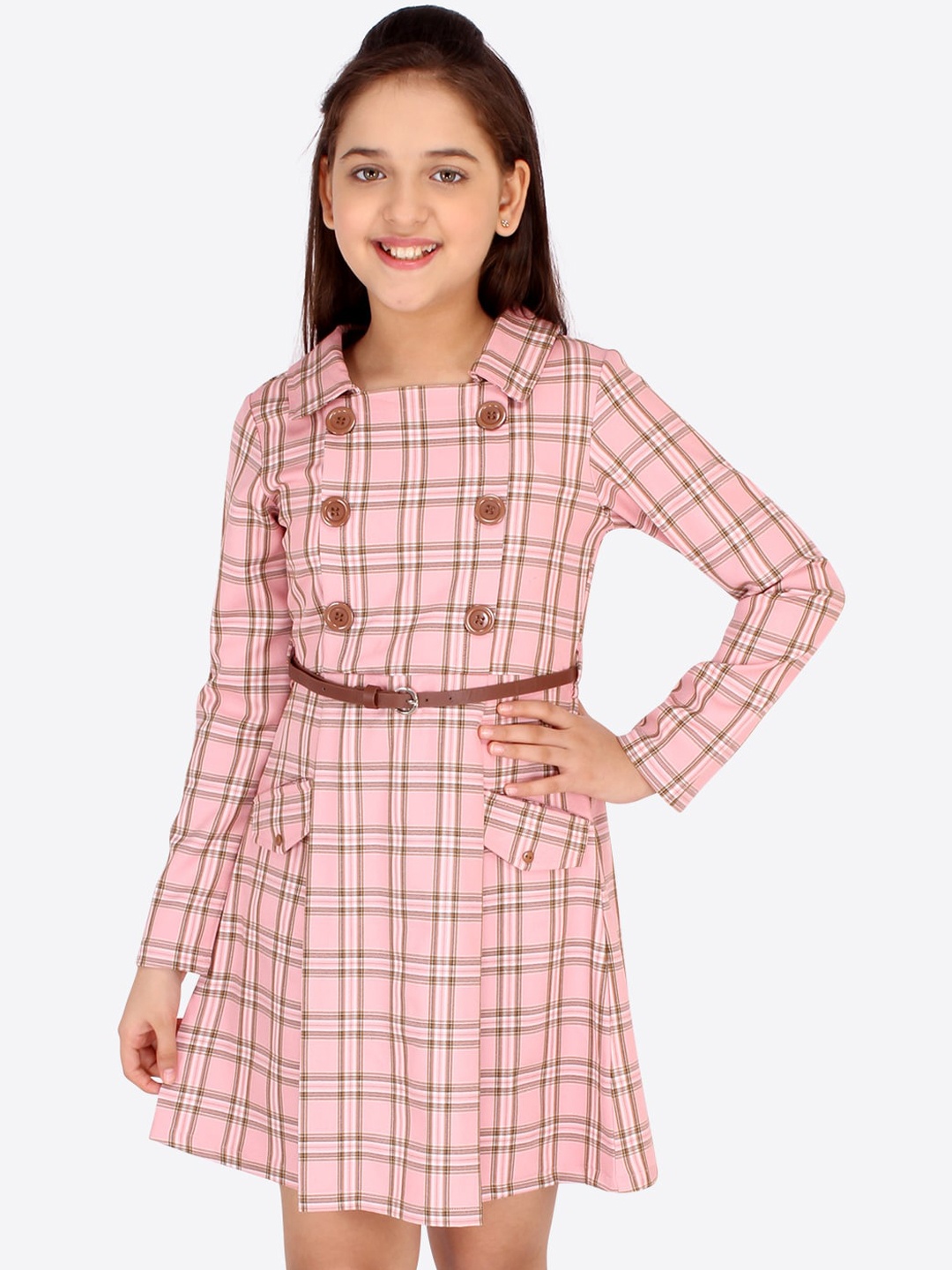 

CUTECUMBER Peach-Coloured Checked Shirt Dress