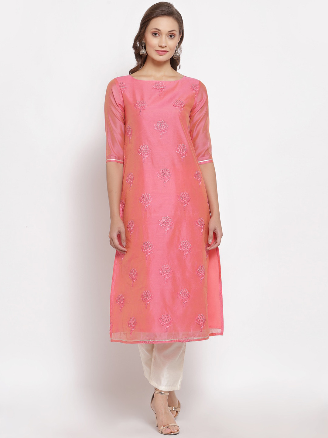 

Desi Weavess Women Pink Ethnic Motifs Embroidered Regular Kurta with Trousers