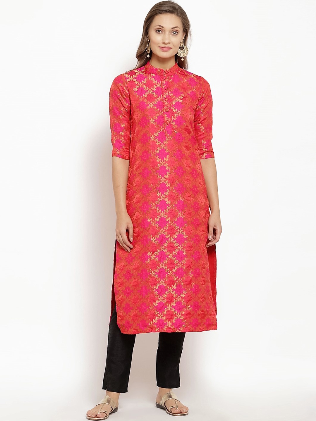 

Desi Weavess Women Pink Ethnic Motifs Printed Jacquard Kurta
