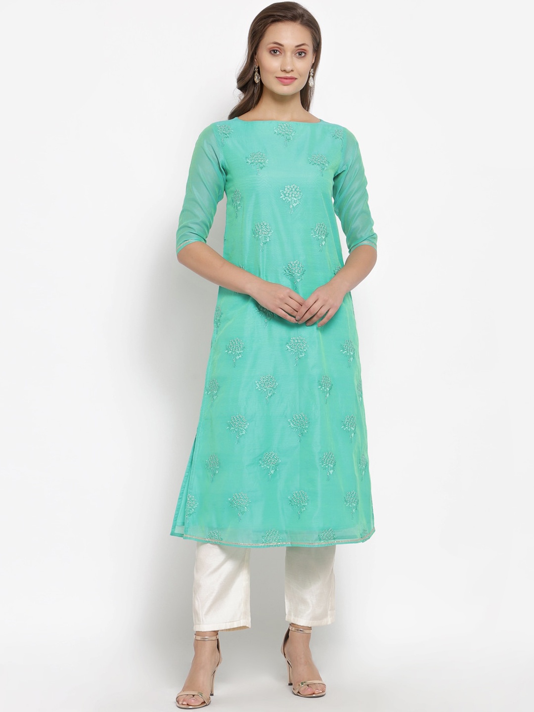 

Desi Weavess Women Sea Green Floral Embroidered Kurta