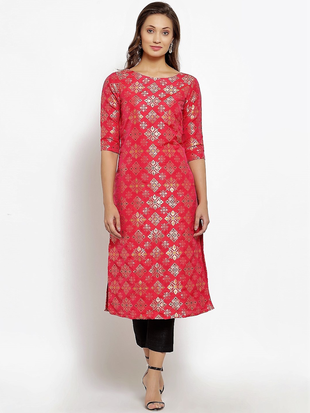 

Desi Weavess Women Pink Geometric Printed Jacquard Kurta