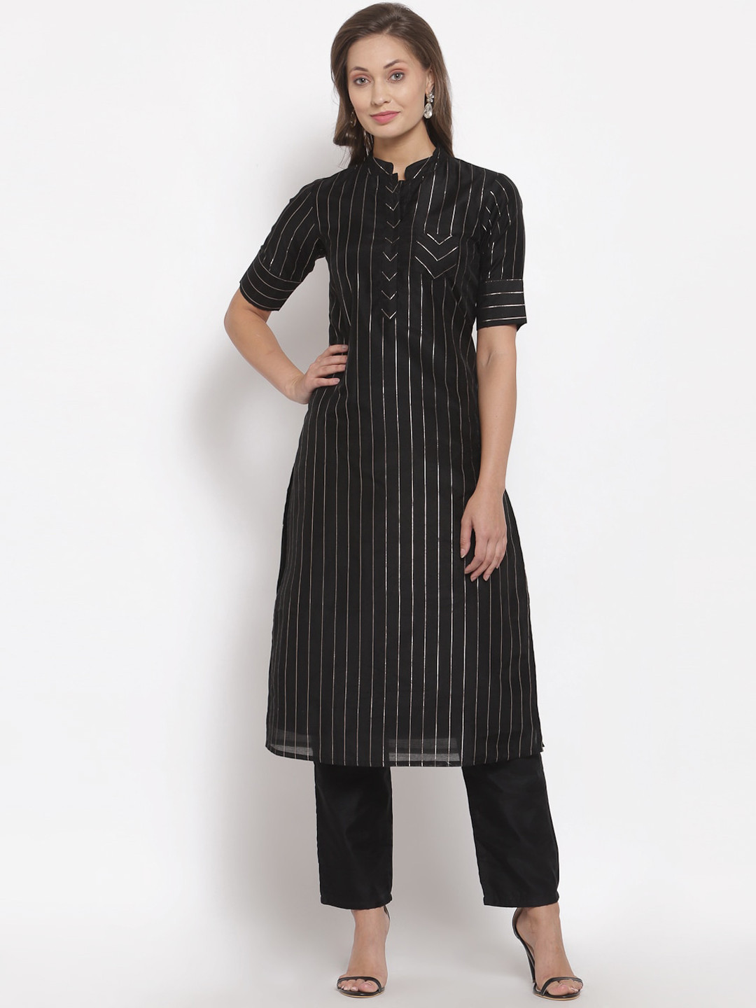 

Desi Weavess Women Black Striped Kurta with Trousers