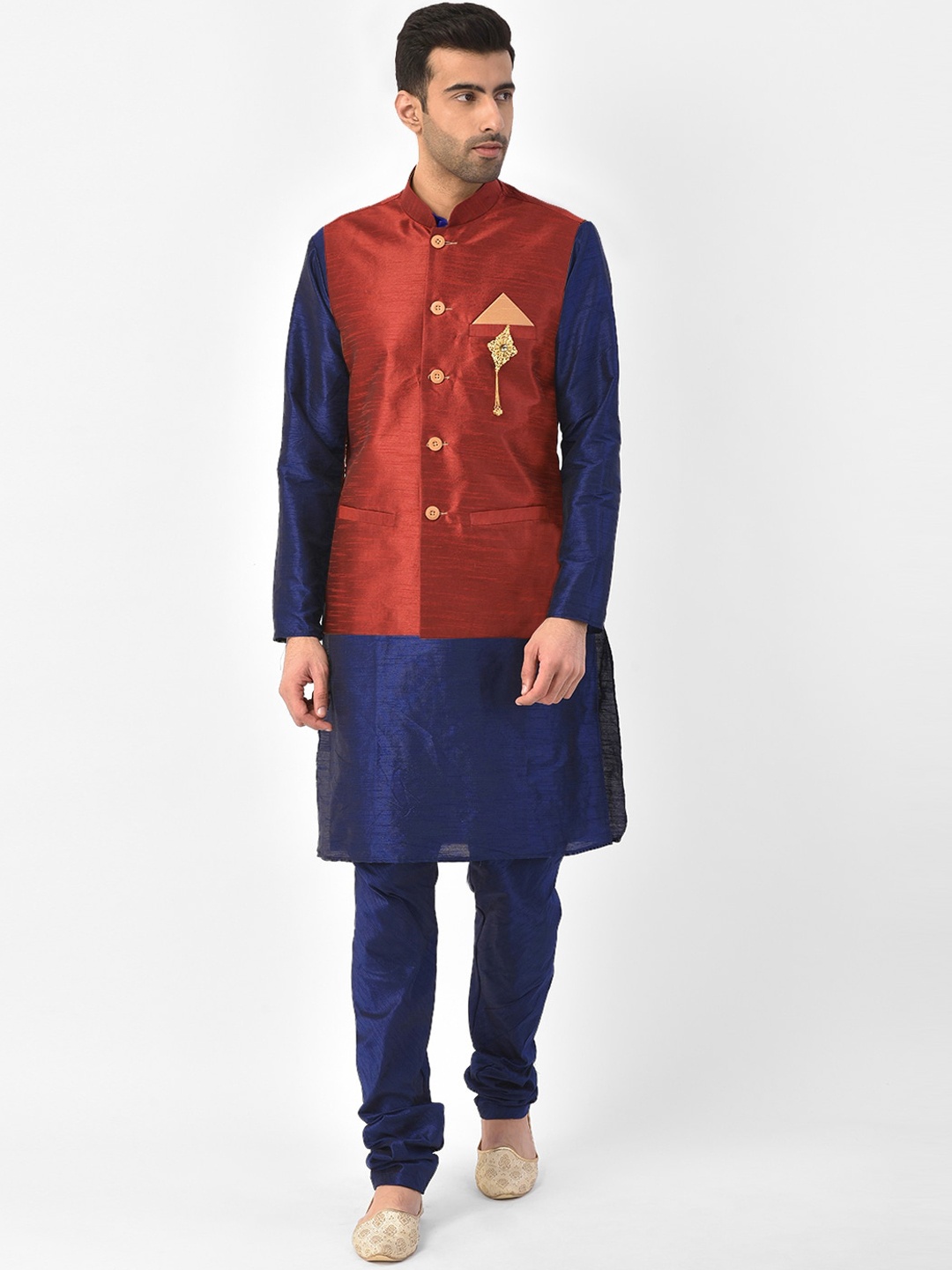 

SG LEMAN Men Blue & Maroon Raw Silk Kurta with Churidar & Nehru Jacket