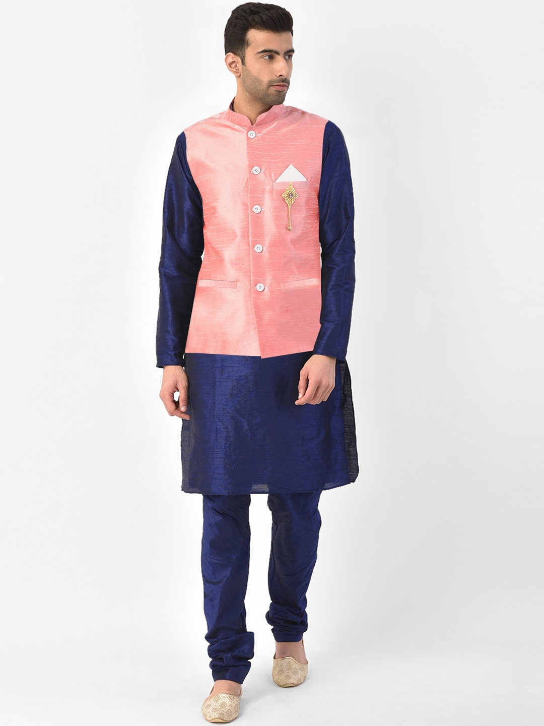 

SG LEMAN Men Peach-Coloured Layered Raw Silk Kurta with Churidar