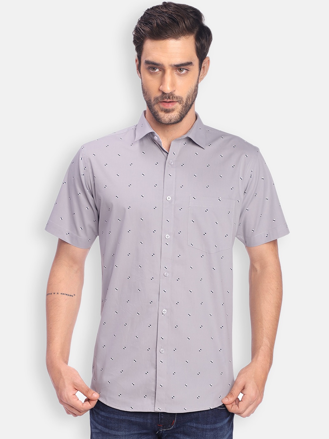 

Zeal Men Grey Printed Standard Regular Fit Printed Casual Cotton Shirt