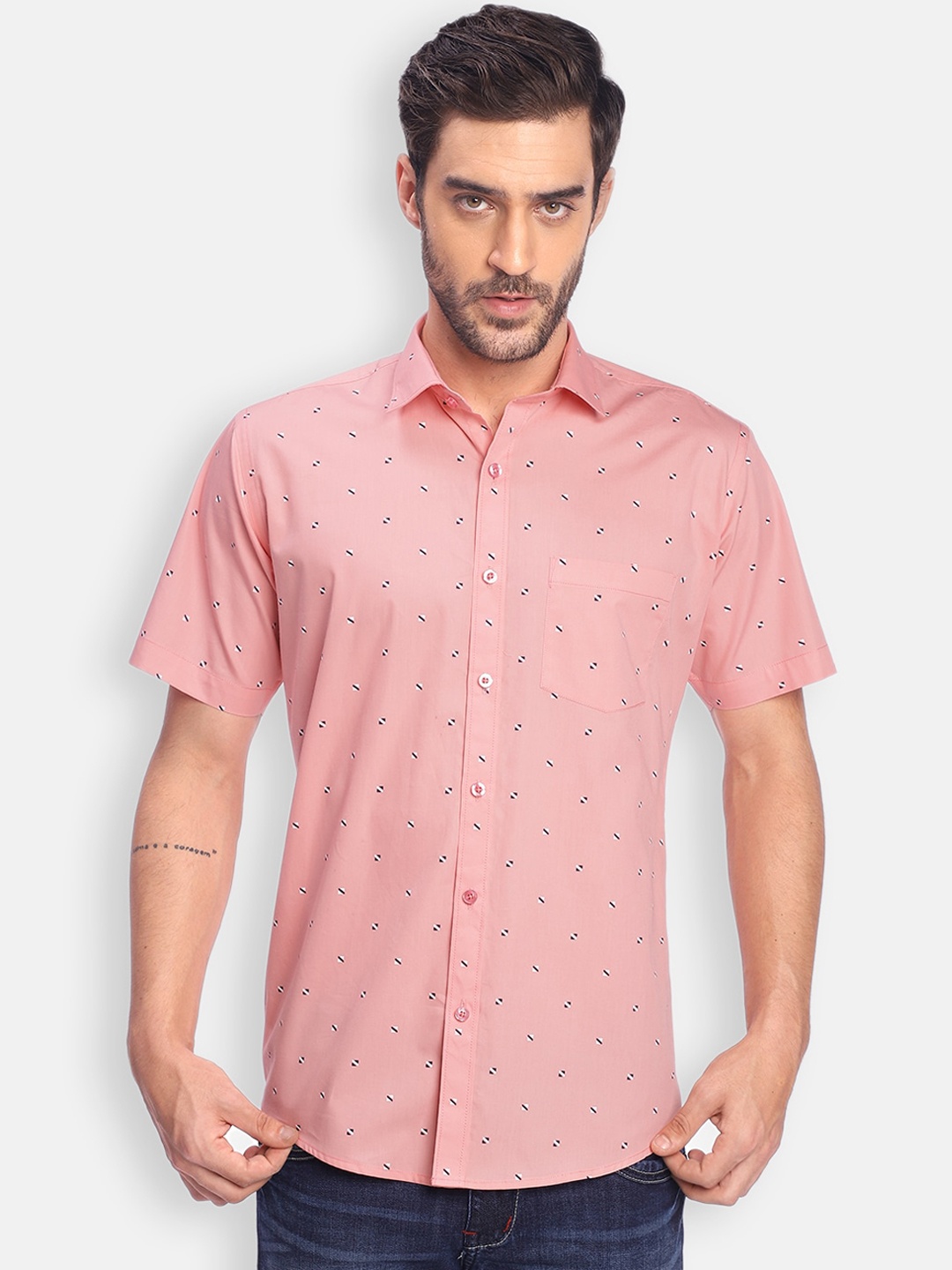 

Zeal Men Peach-Coloured Standard Opaque Micro Ditsy Printed Pure Cotton Casual Shirt