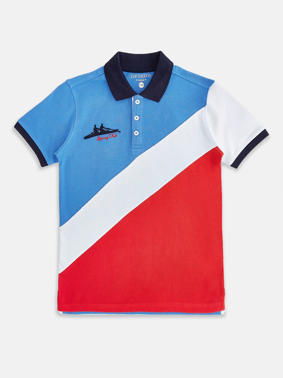 

Pantaloons Junior Boys Blue Red Colourblocked Polo Collar Pure Cotton T-shirt