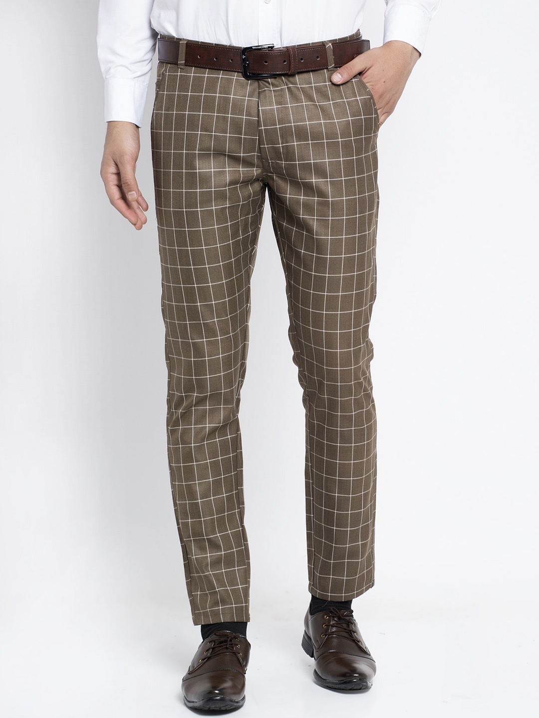 

JAINISH Men Coffee Brown Checked Smart Tapered Fit Formal Trousers
