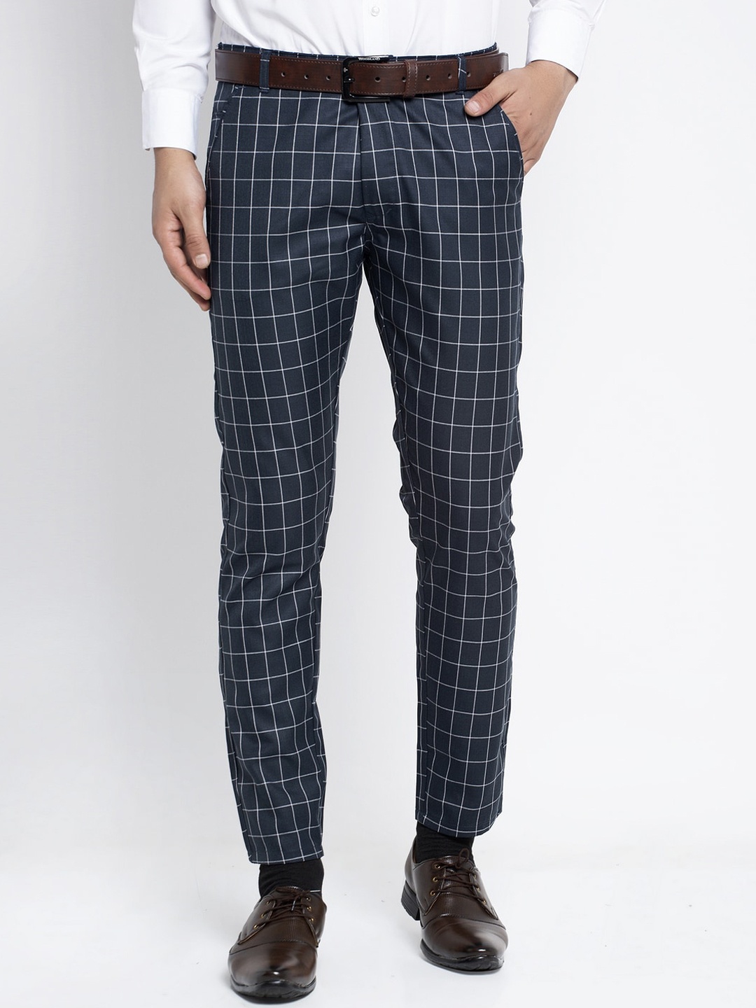 

JAINISH Men Navy Blue Checked Smart Tapered Fit Formal Trousers