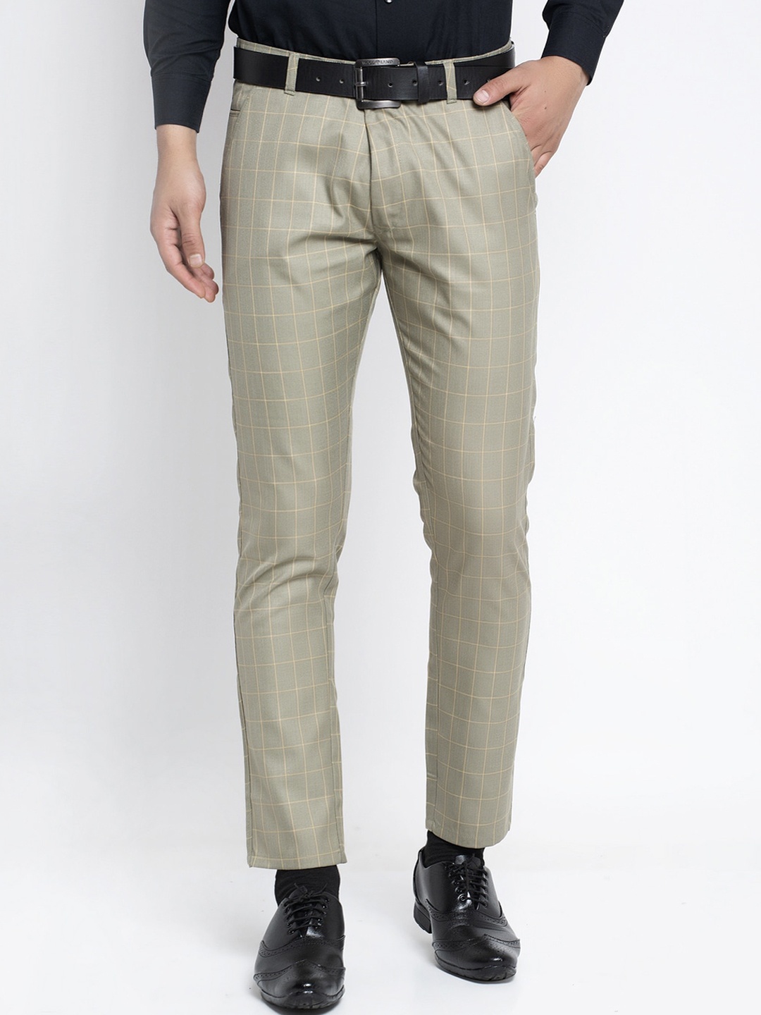 

JAINISH Men Grey Melange Checked Smart Tapered Fit Formal Trousers