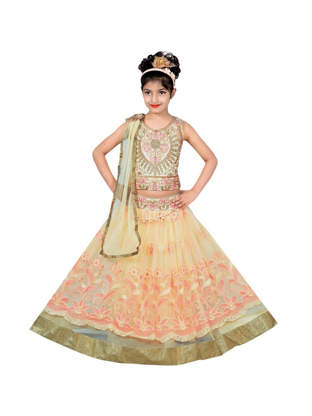 

SKY HEIGHTS Girls Peach & Green Embroidered Ready To Wear Lehenga Choli With Dupatta
