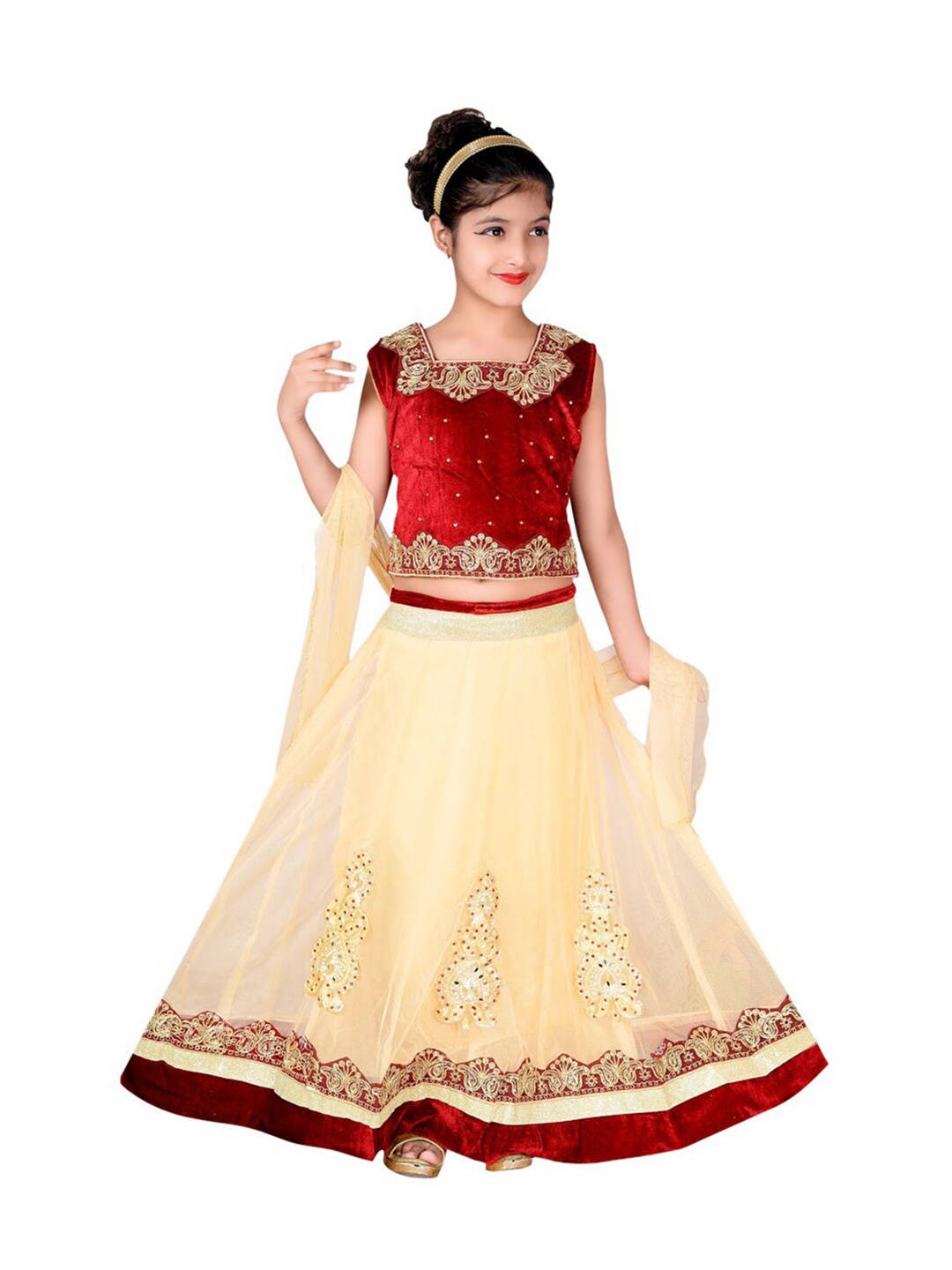 

SKY HEIGHTS Girls Maroon & Cream Embroidered Ready To Wear Lehenga Choli With Dupatta