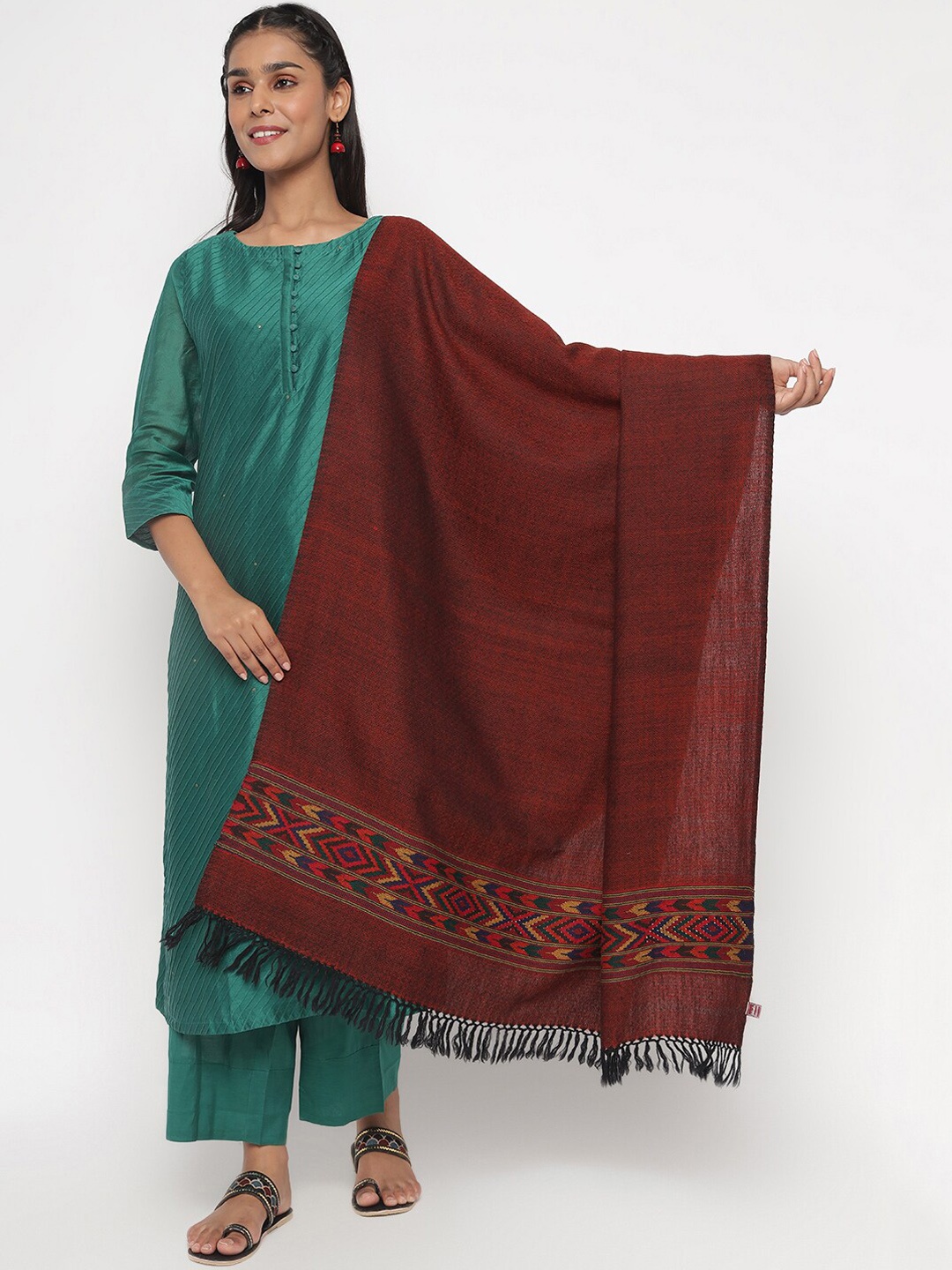 

Fabindia Women Rust-Colored & Red Woven-Design Woolen Shawl
